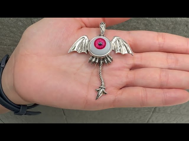 Sterling Silver Red Evil Eye Gothic Wings Pendant