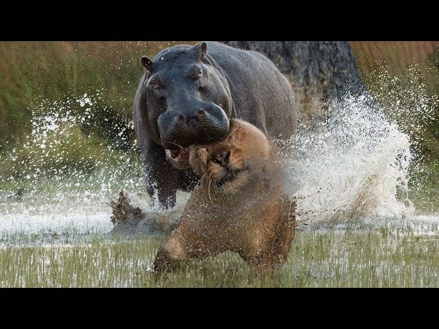 Harassed While Resting, Angry Hippo Bites Lion's Head