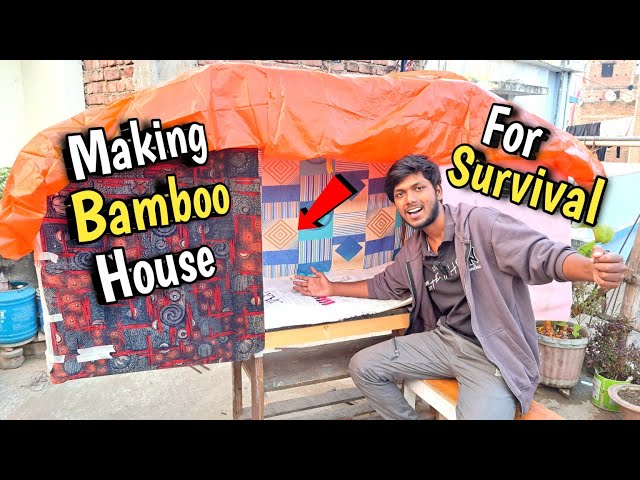 Making Bamboo House For Overnight Survival Challenge at Home #craft #camping #diy