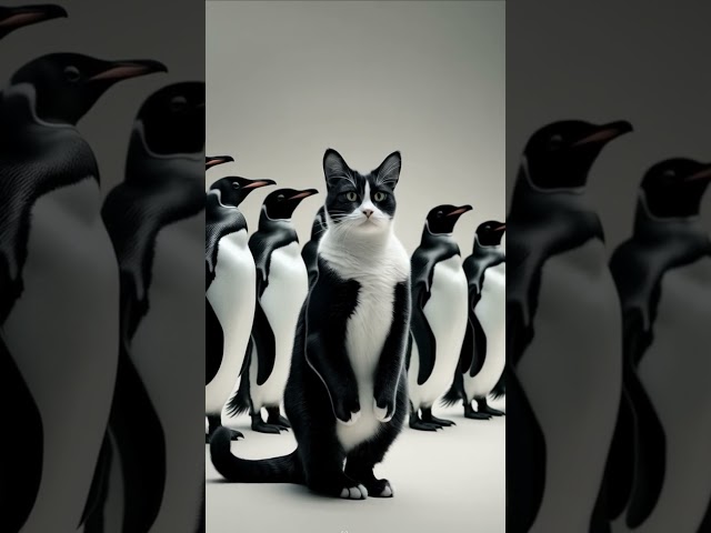 🐱❄️ Master of Disguise: Cat Joins the Penguin Squad! 🐧 #FunnyAnimals #CatVsPenguins #ImpostorMode