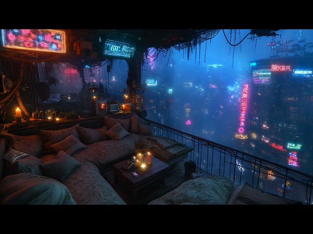 🎵 Cozy Balcony Oasis: Rain and Ambient Music | Cyberpunk Bedroom above the City | 4K | 10 hours