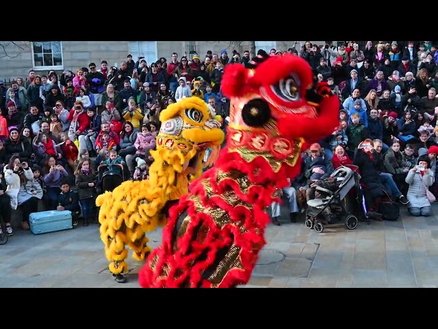 Amazing Lion Dance Flash Mob St James Quarter Shopping Center, Edinburgh, Scotland, Chinese New Year