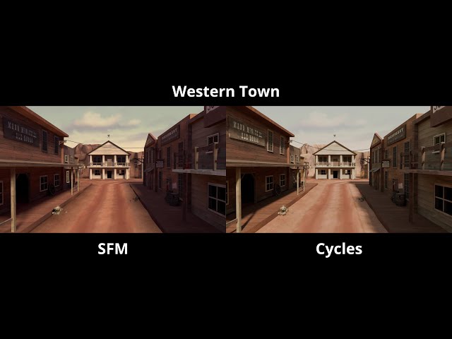 Source Filmmaker maps in SFM vs. Blender Cycles, side-by-side comparison