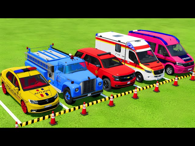 TRANSPORTING POLICE CARS, FIRE DEPARTMENT, AMBULANCE VEHICLES WITH TRUCKS ! Farming Simulator 22