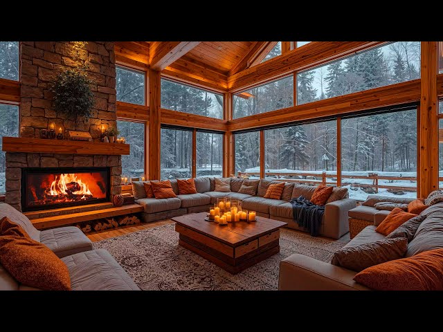 Smooth Winter Jazz Music at Cozy Snowfall Cabin Ambience ❄️ Soft Jazz & Fireplace Sounds for Relax 🔥