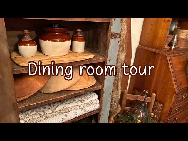 Rustic homey dining room tour furnished with primitive furniture and decor