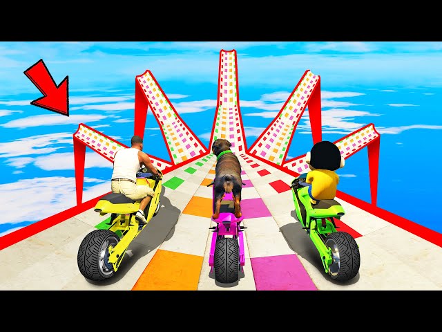 SHINCHAN AND FRANKLIN TRIED THE IMPOSSIBLE COLOURFUL RAMP BRIDGE JUMP PARKOUR CHALLENGE GTA 5