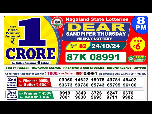 🔴LIVE Nagaland Lottery Result Today 8PM (24-10-2024); Dear Sandpiper Thursday