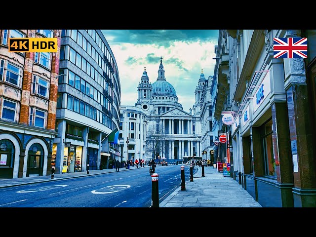 CITY OF LONDON Gloomy Walk in England 🇬🇧 | St Paul Cathedral to Guildhall and London Wall | 4K HDR