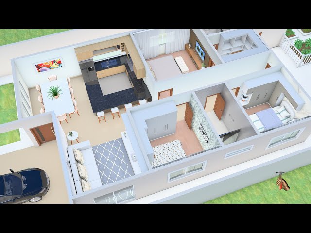 3D House Plan with Three Bedrooms and American Kitchen