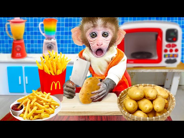 😍Funny Videos🐵Monkey Bi Bon harvests potatoes and makes french fries with the cat MiMi