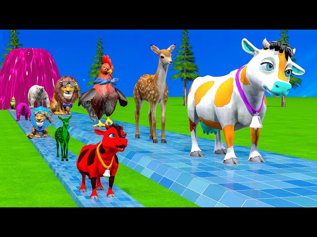 Paint & Animals Cow,Polar Bear,Deer,Chicken,Lion Fountain Crossing Transformation Animal Cartoon