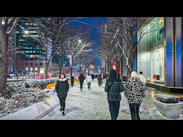 Snowy Night Walk in Gangnam Seoul | Office Rush Hour, Neon Lights, Winter Streets 🌙❄️ 4K HDR