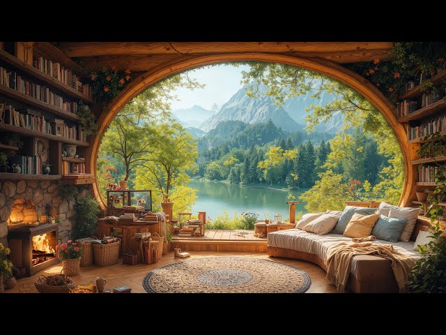 Smooth Jazz at Cozy Spring Book Nook Ambience 🌼 Jazz Relaxing Music & Nature Sounds for Study, Work