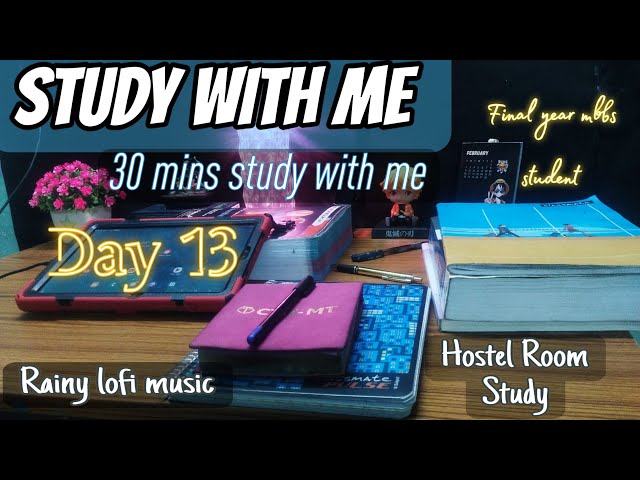 | Study with me |  hostel room | 30 min Study | Day 13 | Rainy Lo-fi music  ✨🎶