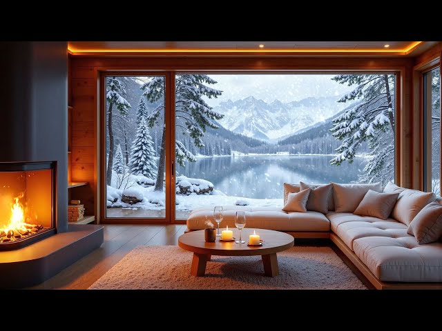 Soothing Piano Music in A Cozy Living Room Space ❄️ Snowy Scene and Fireplace Sound for Relaxation