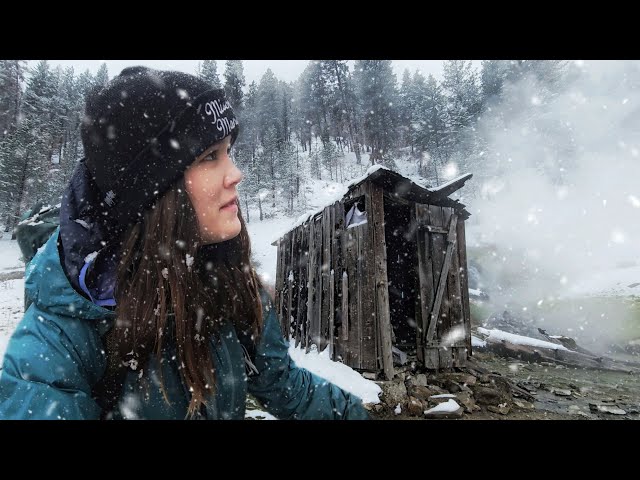 snowstorm camping in abandoned shack