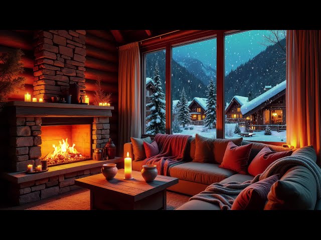 Cozy Winter Fireplace Ambience in Living Room with Soothing Piano Music for Gentle Snowy Day