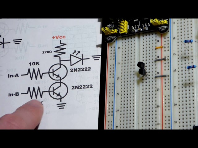 Transistor circuit 8 NAND gate switches 2N2222 NPN BJT and SN74HC00N quad 2 input NAND gate IC