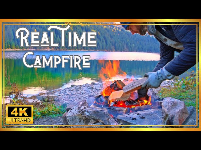 4K UHD Real-Time Authentic Lake Campfire – 1H of Relaxing Crackling Fire & Lake Sounds