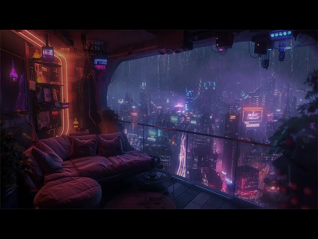 🎹24/7 Futuristic Loft with Neon Rainfall and Soothing Sonic Ambience |  24 Hours of Sci Fi Ambience😴