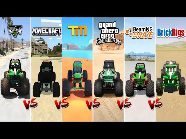 GTA 5 GRAVE DIGGER MONSTER JAM TRUCK vs MINECRAFT vs TRAILMAKERS vs GTA SA vs BRICKRIGS vs BEAMNG