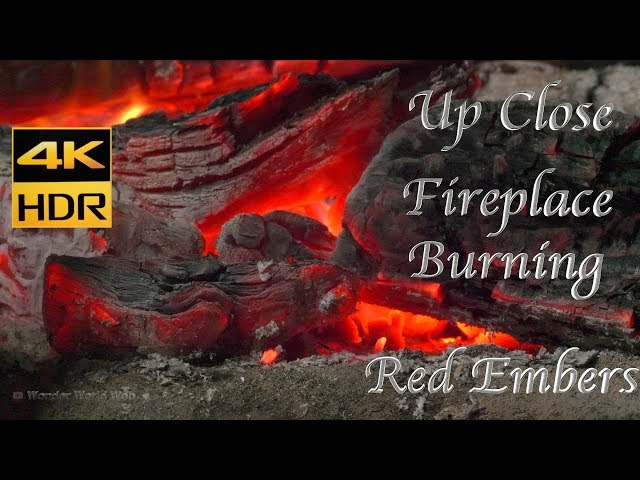 Real Wood Burning Fireplace Up Close Red Embers 4K HDR 1 Hour