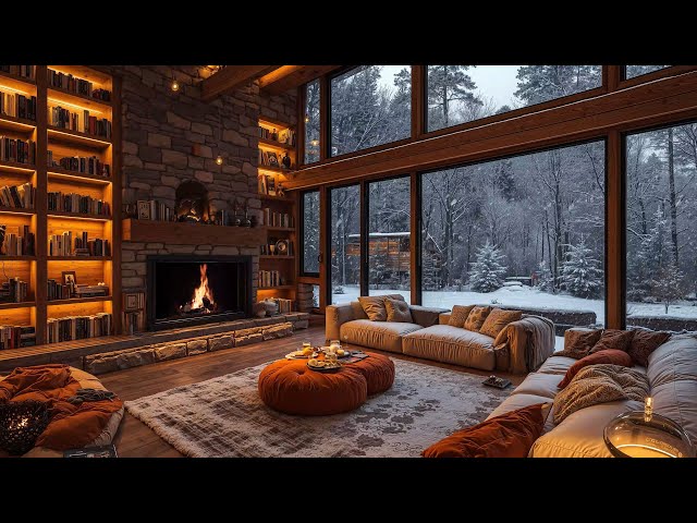 Cozy Winter Forest Living Room Ambience & Jazz Relaxing Music ❄️ Soft Background Jazz Instrumental