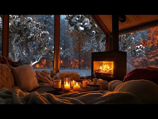 Relaxing Winter Snowfall with Soft Jazz Music on Cozy Cabin Ambience ⛄ Fireplace Sounds for Unwind