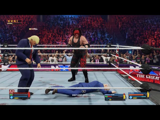 Donald Trump and Joe Biden defeating Kane in one on two tag team match - WWE 2K24 PS5 4K 60FPS