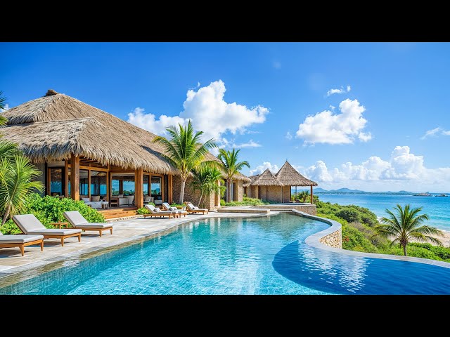 Elegant Bossa Nova Jazz Music at Tropical Morning Beach Resort Ambience with Ocean Waves for Relax