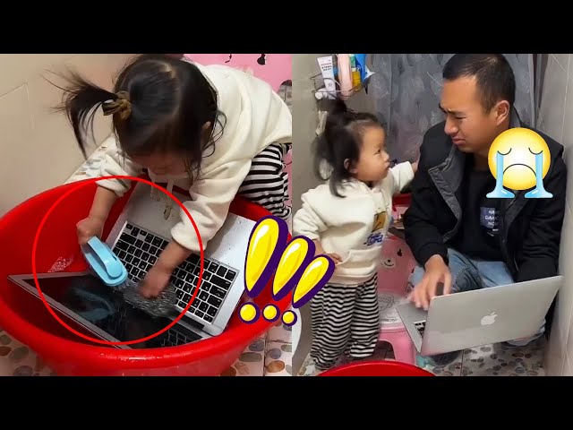 Dad Said The Computer Had Garbage, So My Daughter Washed It.#funnybaby#father#comedy#cutebaby