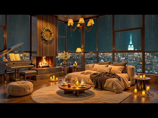 New York Rainy Night ⛈️🌃 Cozy Bedroom with Relaxing Jazz Saxophone Music & Rain Sounds for Sleeping