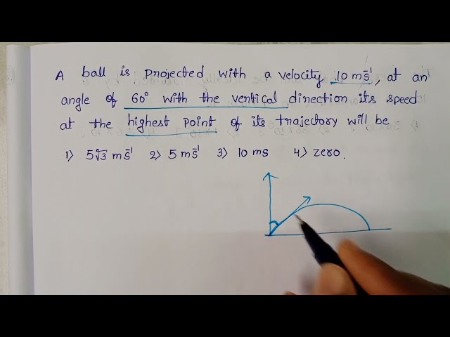 a ball is projected with a velocity 10m/s at an angle of 60 with the vertical direction it's speed