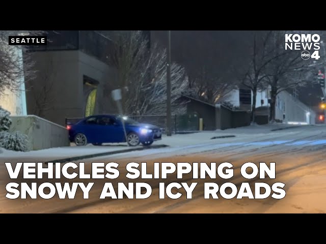 Vehicles losing grip on snowy and icy roads in western Washington