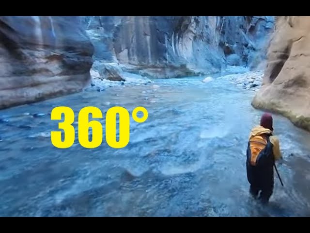 360° the NARROWS in ZION National Park. Prepared for winter hiking in canyon river. Frozen waterfall