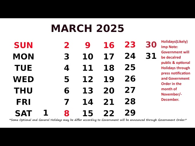 Calendar March 2025