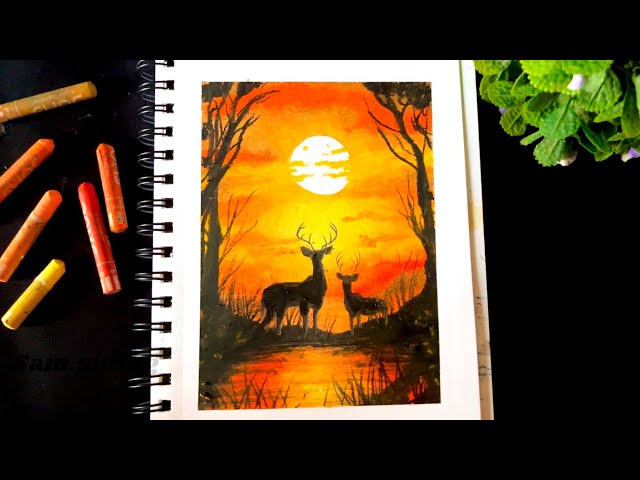 Drawing deers in the forest with oil pastel || Easy Oil Pastel Drawing Tutorial || Step by Step