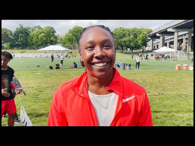 Teahna Daniels after running 10.99 seasons best in the 100m at the NYC Grand Prix