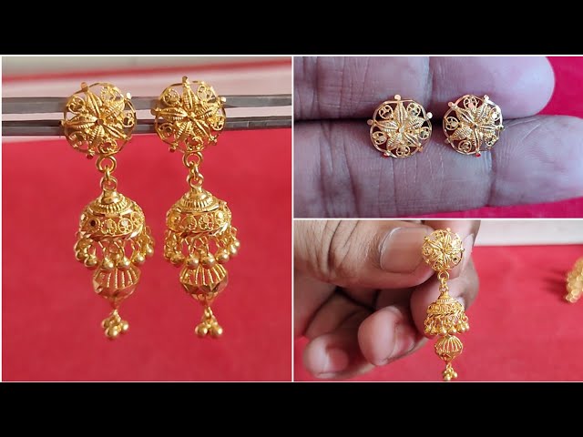 Latest Gold earrings jhumka designs with weight & price/daily wear gold jhumka design