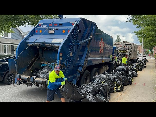 Republic Services Rear Loader Garbage Trucks Packing Over 100 Trash Bags!