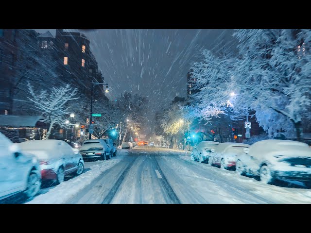 Night Snowfall Drive in Boston: ASMR Winter Roads