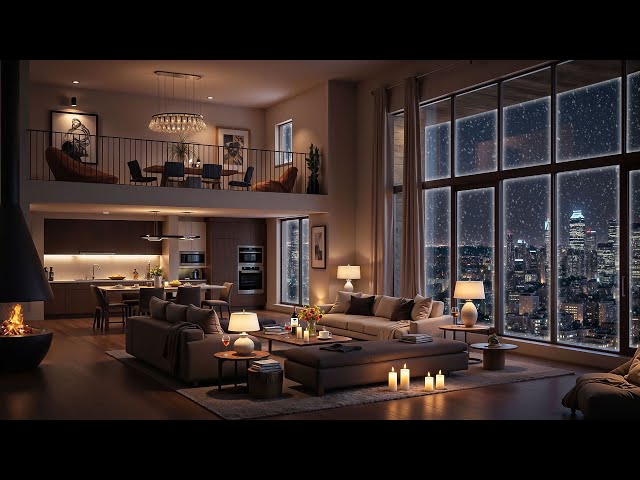 Soft Jazz, Cozy Fireplace & Panoramic Snowy City Skyline Views - Luxury Apartment Ambience in NYC