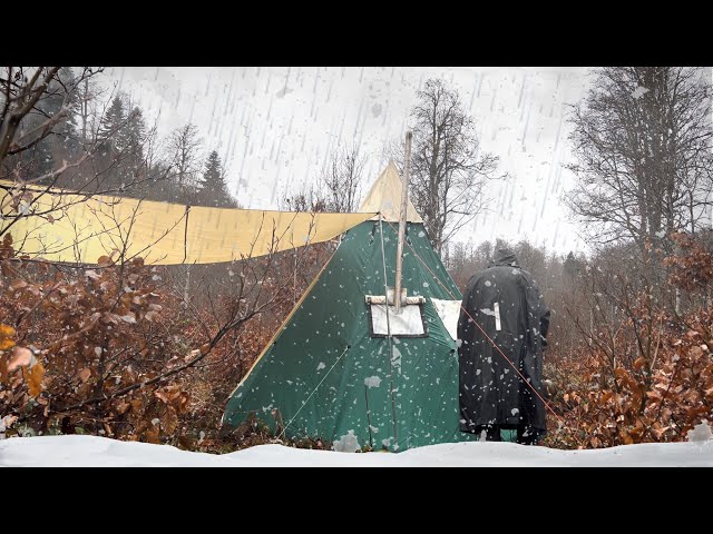 Hot Tent Camping in RAIN and SNOW | Winter Camping, Outdoor Cooking on Wood Stove