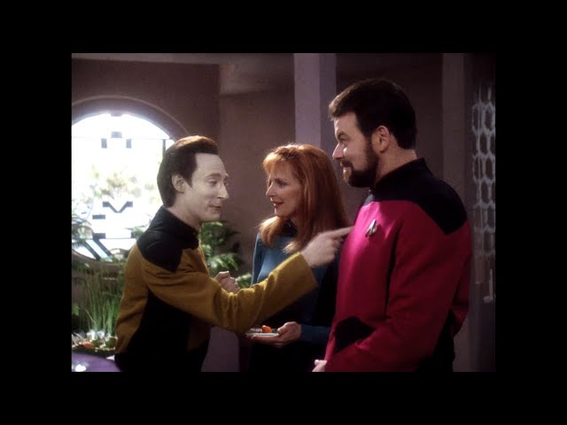 Data has a small talk with Beverly Crusher and Will Riker