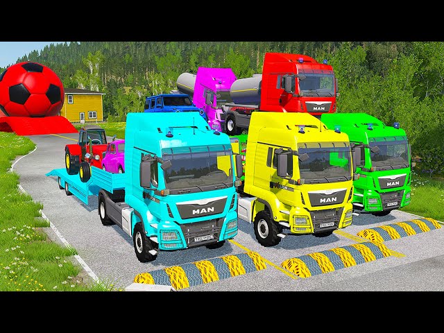 TRANSPORTING PIXAR CARS & FRUITS WITH COLORED & JOHN DEERE vs CLAAS vs TRACTORS - BeamNG.drive #962