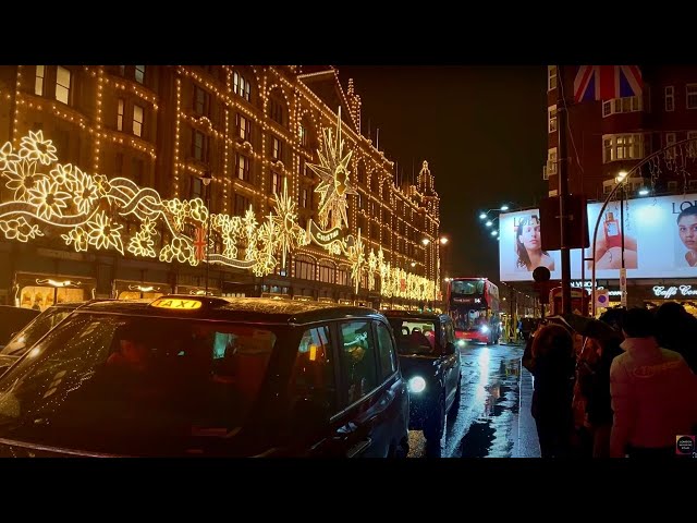 London Harrods in Rain | Crowded Knightsbridge Walking Tour 2022 | 4K HDR