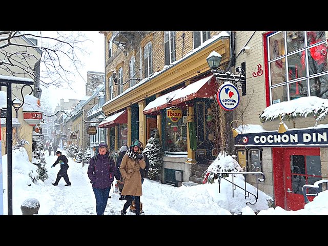 [4K]🇨🇦 Snow Walk in Old Quebec City❄🌨️☃️ Lunch at Cochon Dingue Champlain🐖🍖🍲 Feb. 2023