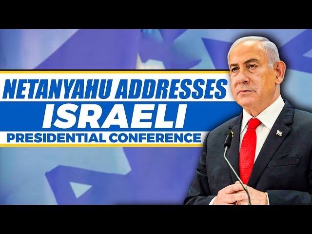 Israeli Prime Minister Benjamin Netanyahu addresses the Israeli Presidential Conference in Jerusalem