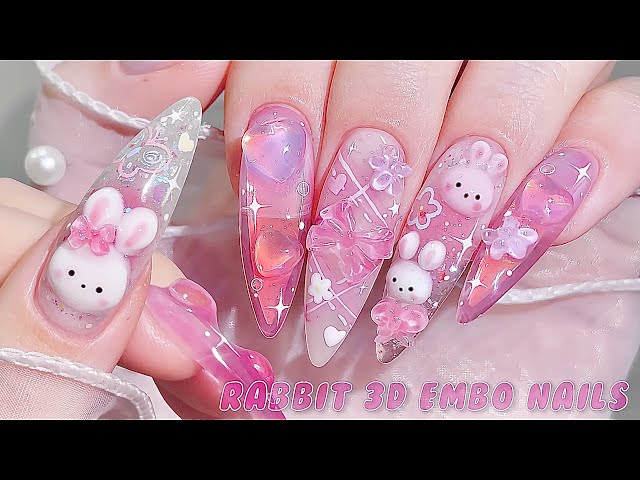 sub) Cute Rabbit Nails!🐰🎀/🇰🇷Korean Nails / How to making a Rabbit🙋🏻‍♀️/ Nail art / Self-nails / ASMR